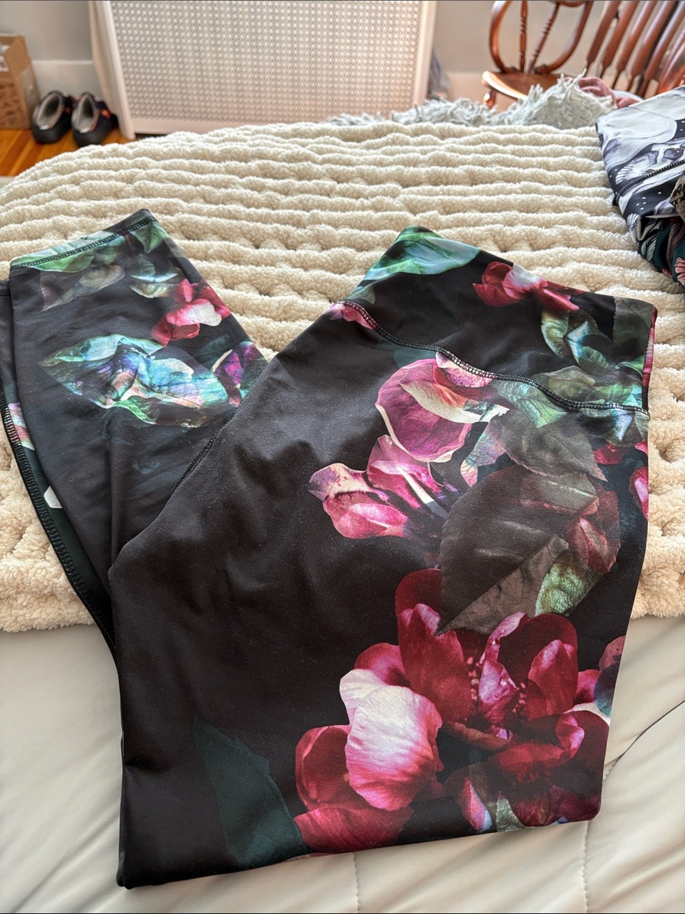 RBX Black Floral High-Waist Leggings with Pink & Green Accents